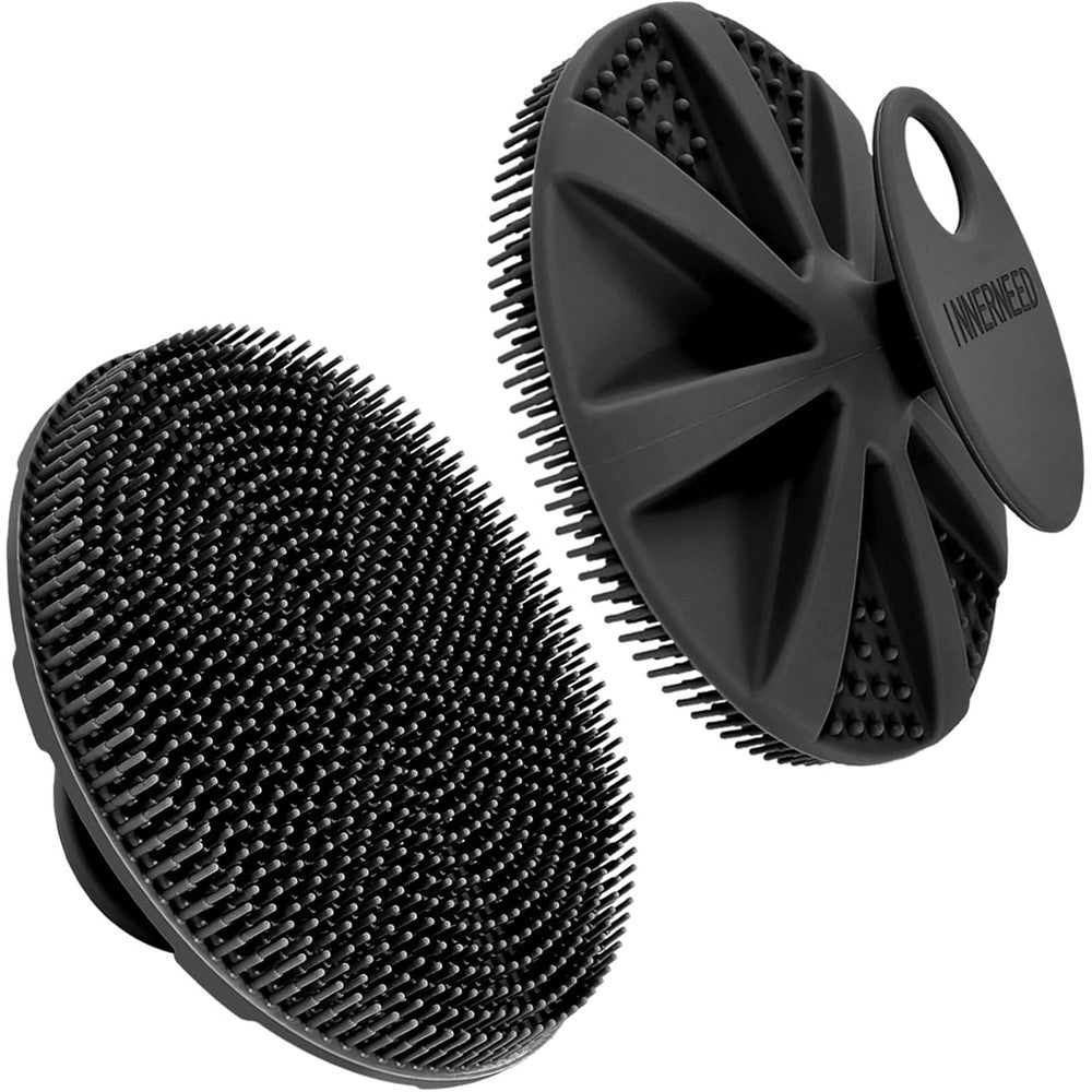 INNERNEED food grade soft silicone body scrubber front view showing dense flexible bristles.