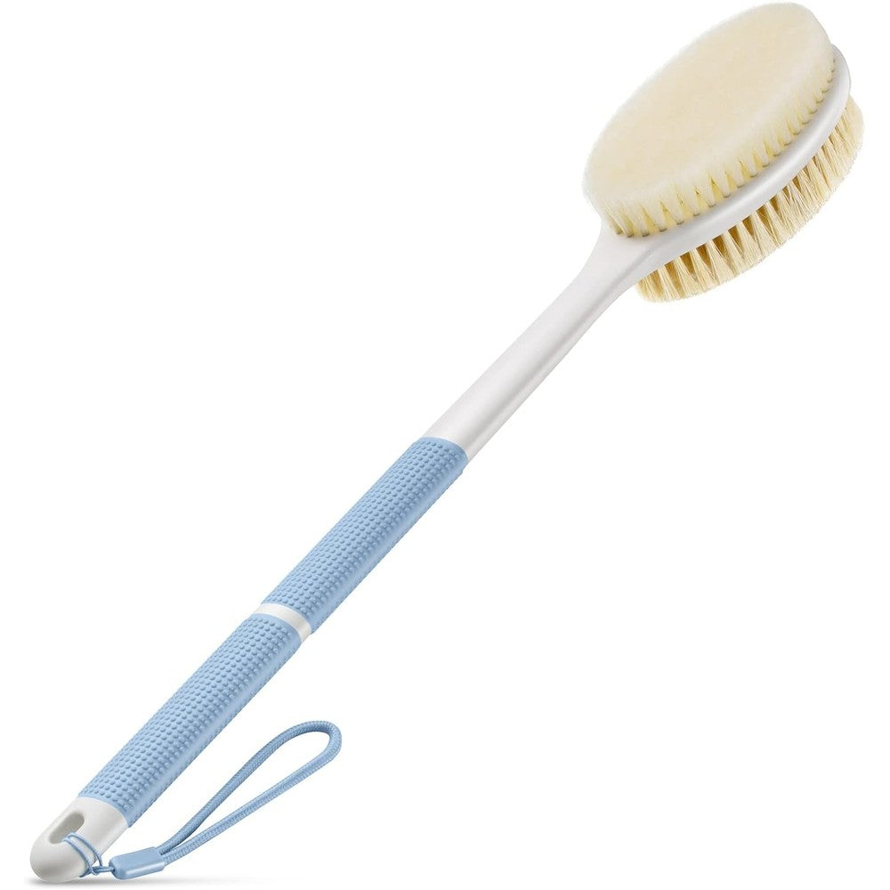 Backski back scrubber anti slip long handle shower brush front view showing dual bristles