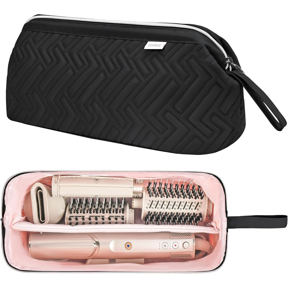 Leudes hair tools travel bag front view showing black geometric textured exterior.