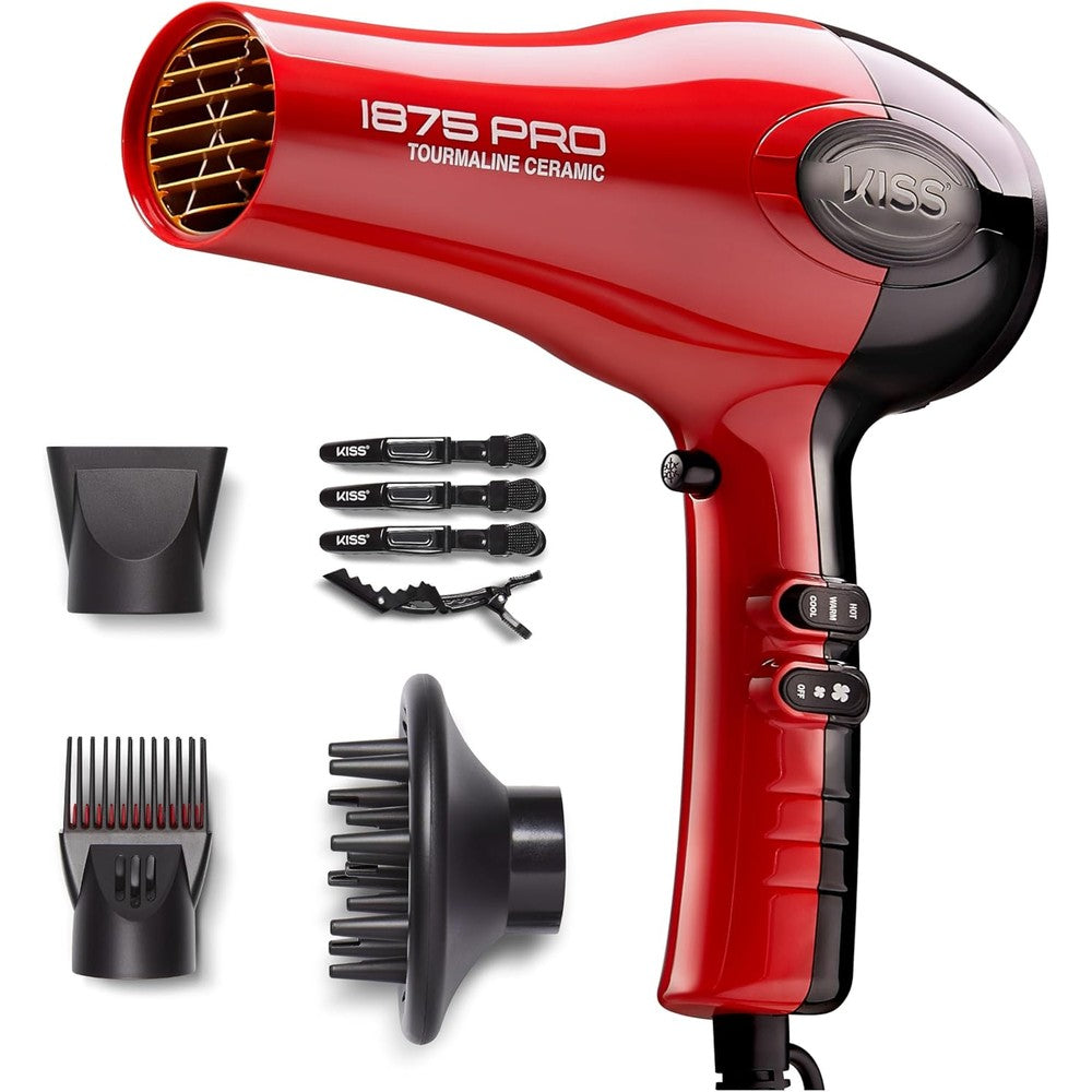 KISS 1875 Watt Pro Tourmaline Ceramic Hair Dryer front view in red color