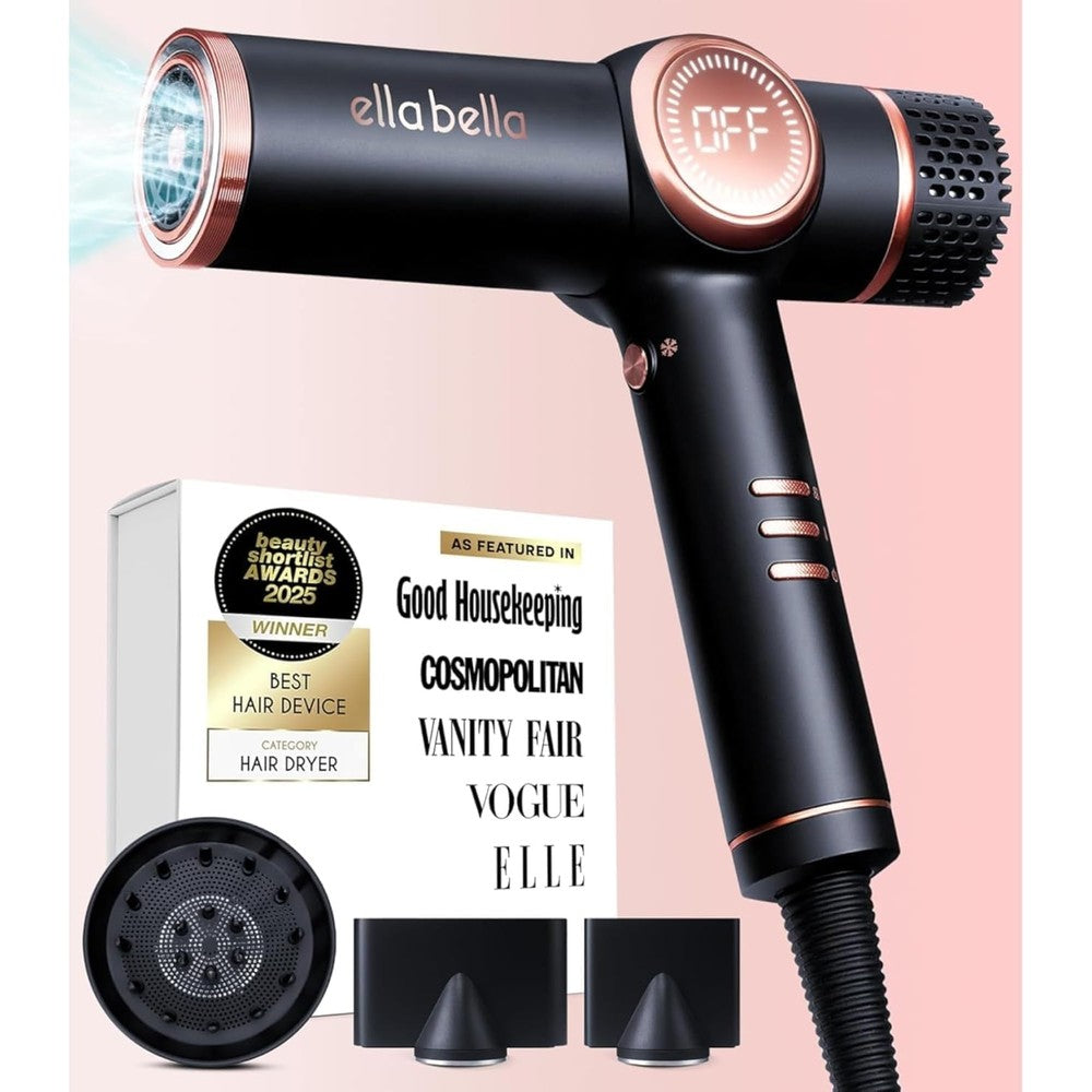 Ella Bella professional ionic hair dryer matte black and rose gold front view