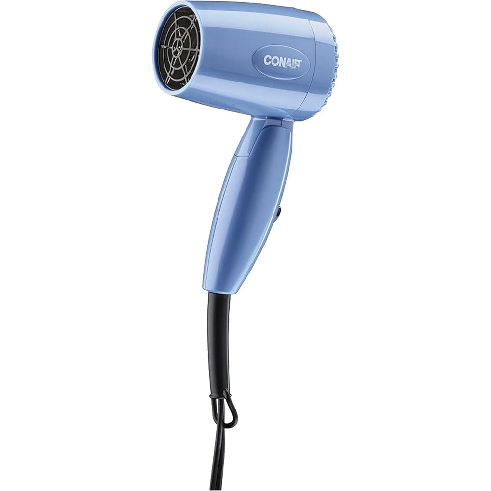 Conair travel hair dryer blue front view showing compact folded handle