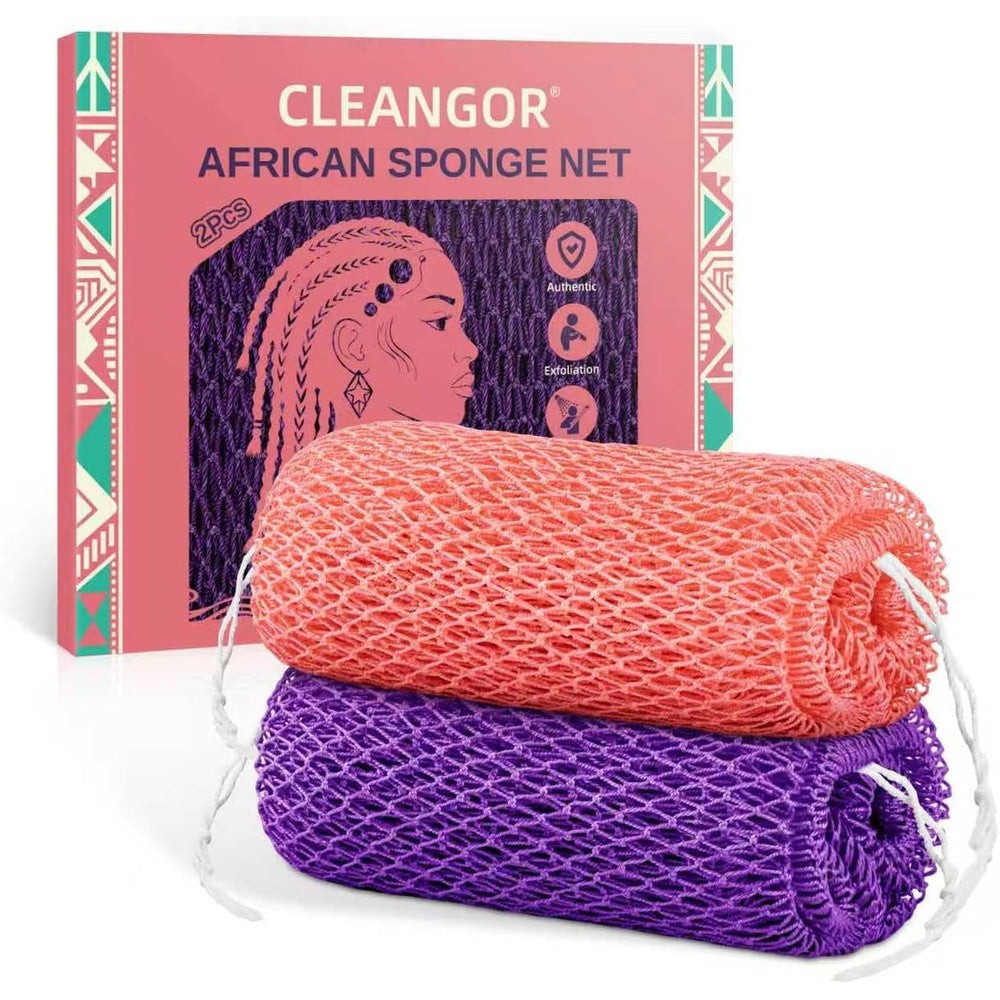 Cleangor authentic African net sponge set in pink and purple