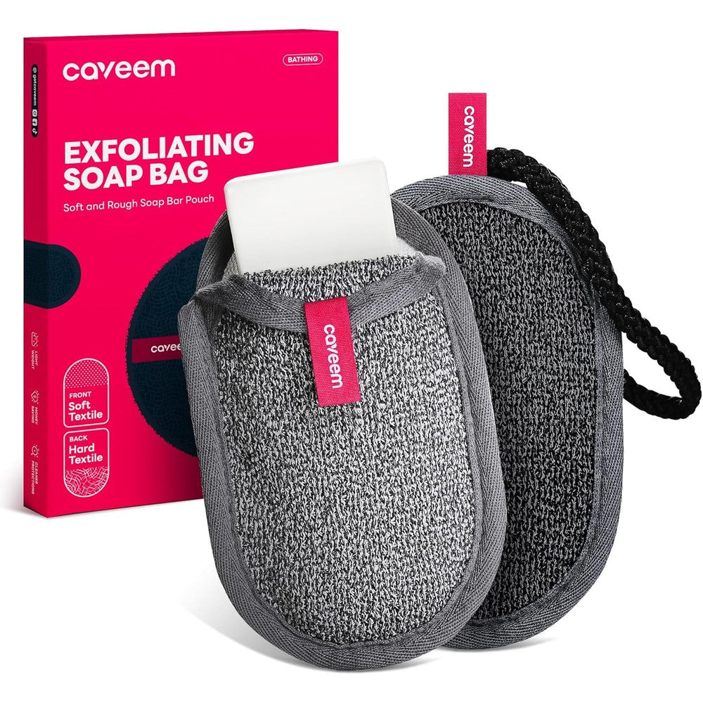 Caveem soap saver bag front view with bar soap inside
