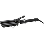 BaBylissPRO Porcelain Ceramic Triple Barrel Waver front view showcasing the black alternating triple cylinder design.