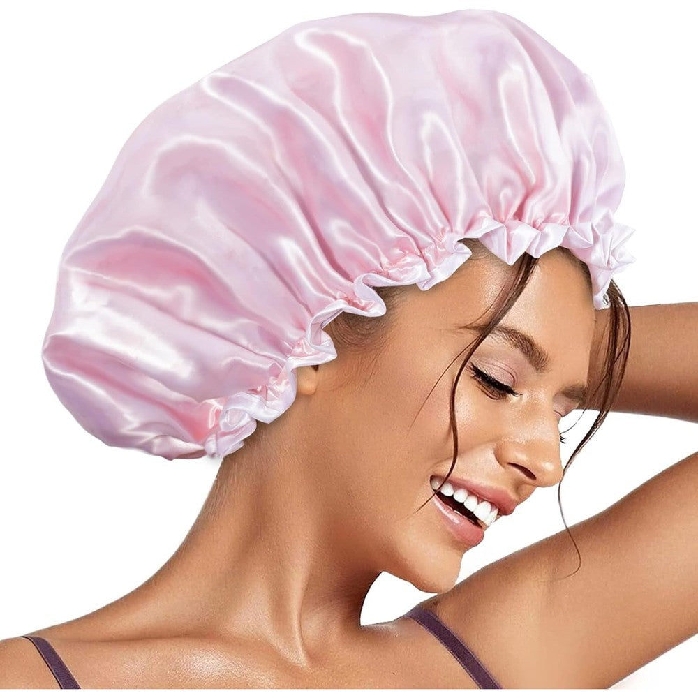 Aquior reusable shower cap front view pink cloud design