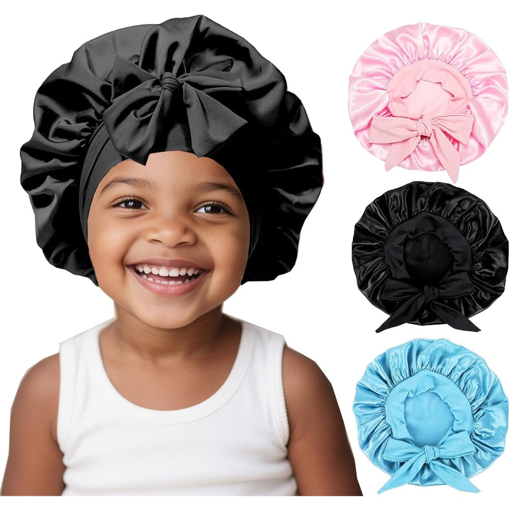 Firstpella Kids Silk Bonnet For Sleeping 3 Pack In Pink Black And Light Blue Soft Satin Hair Sleep Cap For Toddlers And Children - Image 1