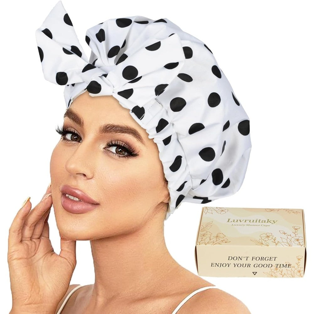 Luvruitaky Luxury Shower Cap front view with decorative bowknot
