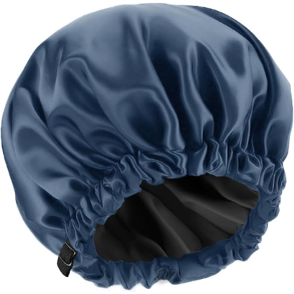 Amamba 100% Real Satin Lined Shower Cap Navy Blue front view