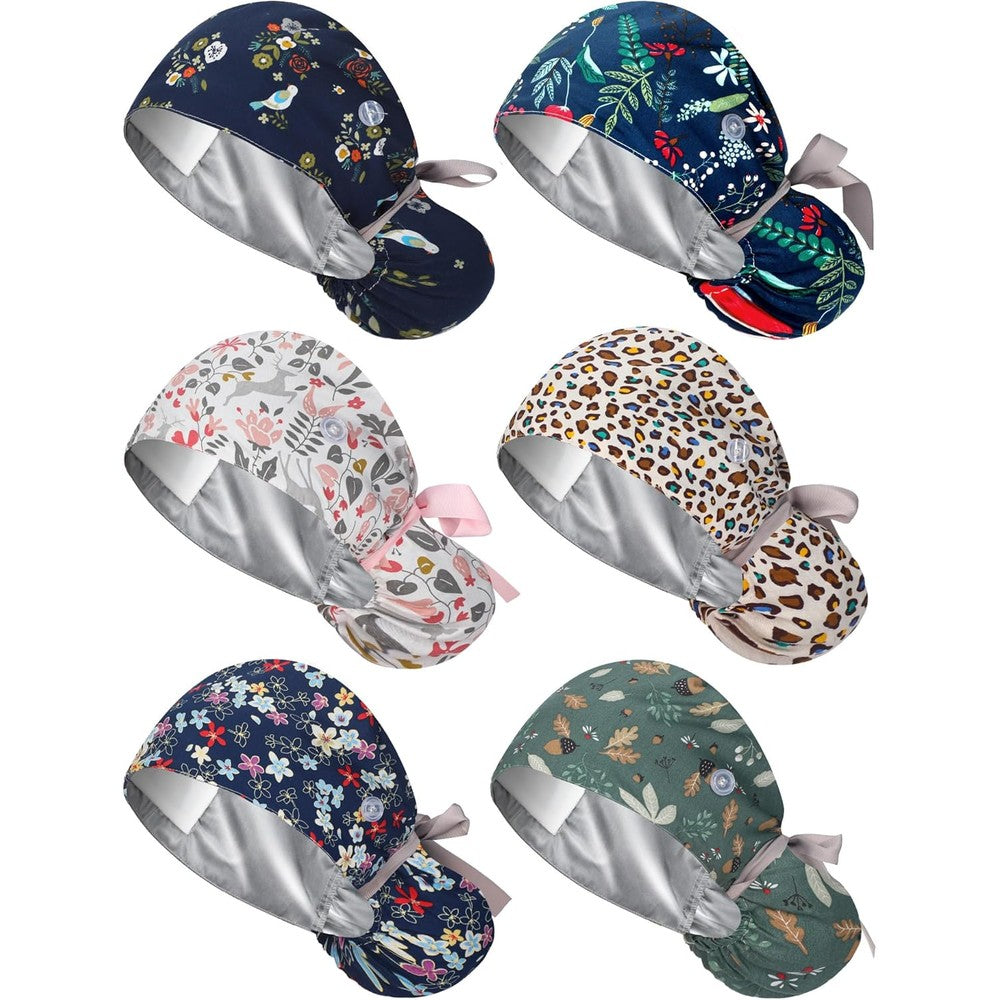 Floraltop 6 piece satin lined scrub caps front view with buttons