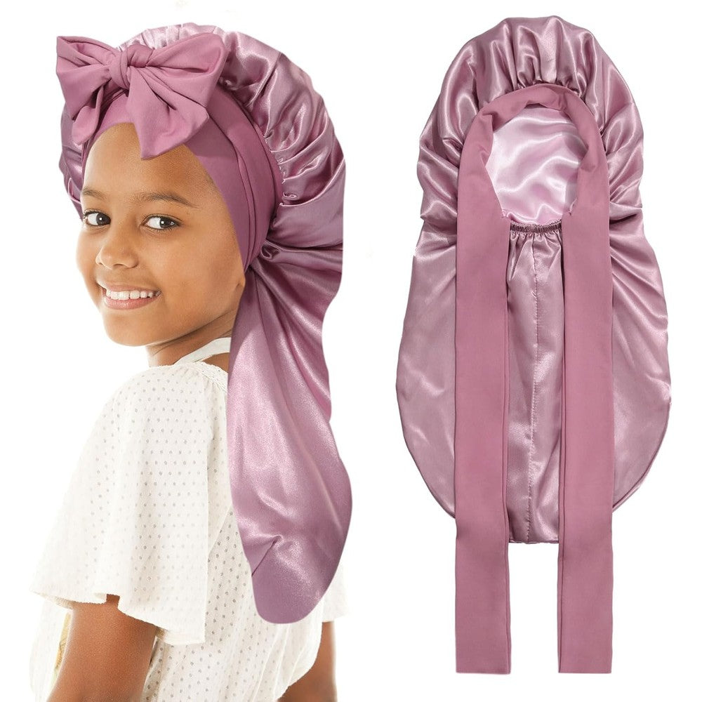 Awaytr Kids Long Hair Bonnet front view in rose gold and pink
