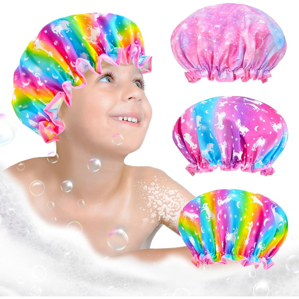 Olypegic kids shower cap set front view with unicorn print