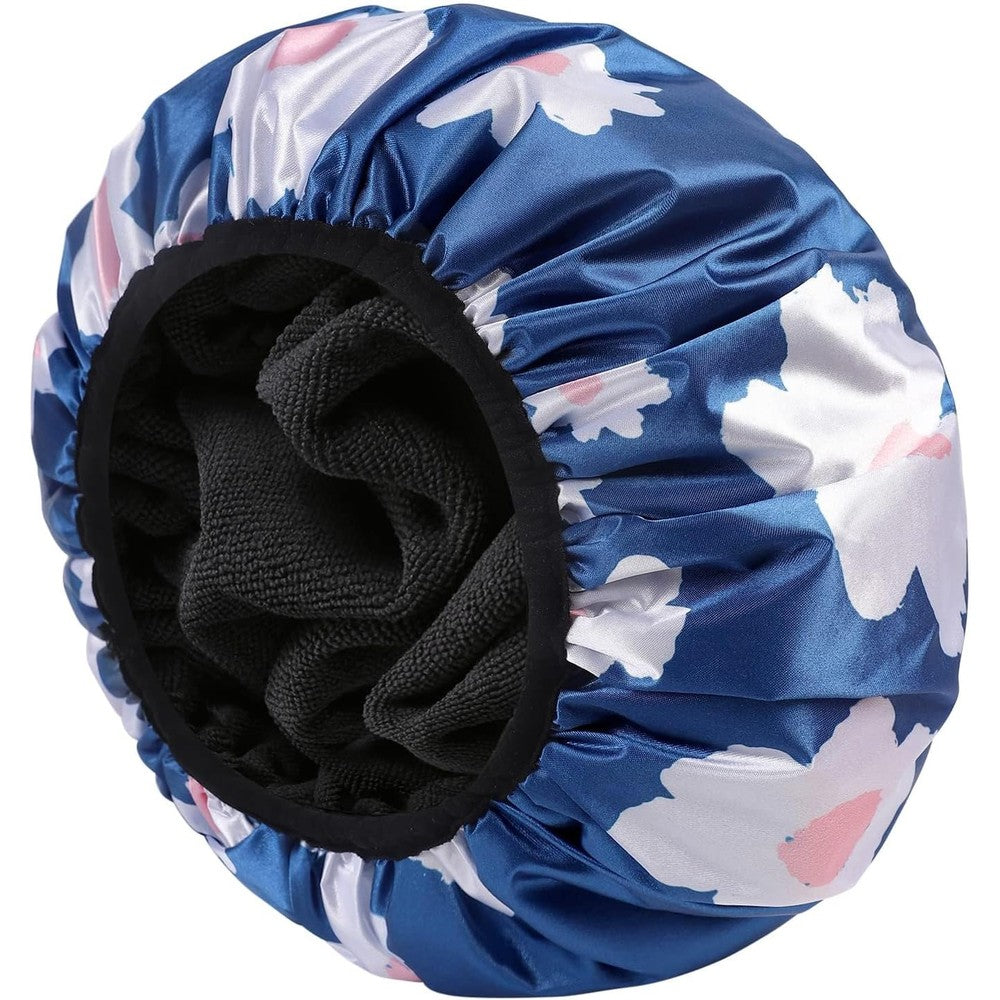 Yizijizi Terry Lined Shower Cap front view blue