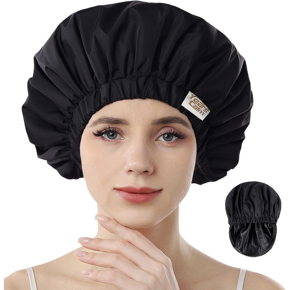 Years Calm reusable waterproof shower cap black front view