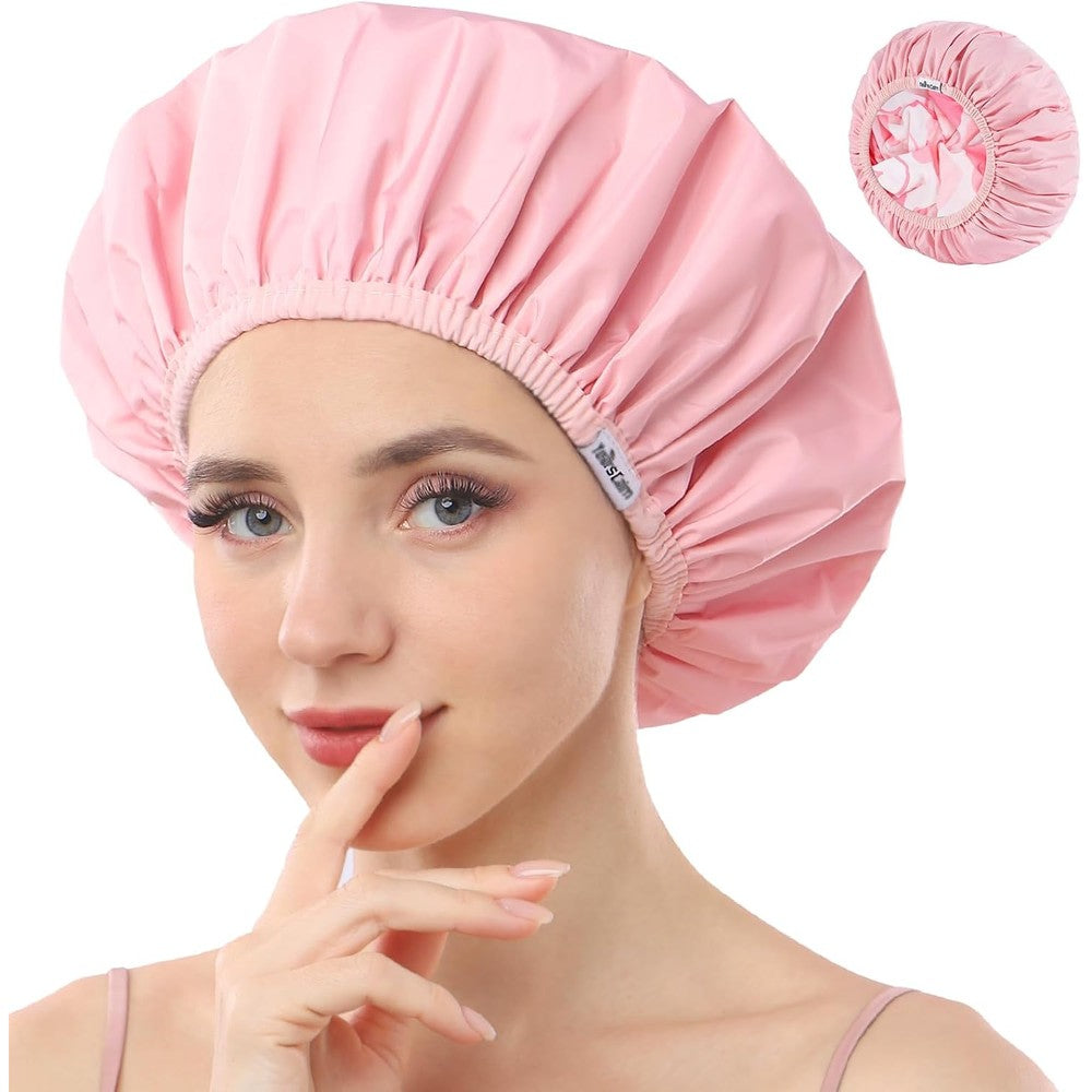Years Calm reusable waterproof shower cap in pink front view