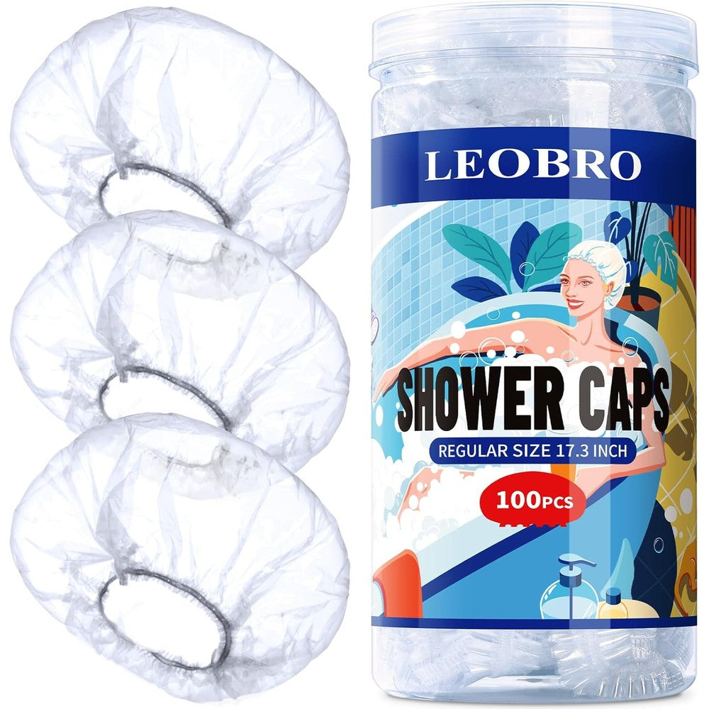 Leobro 100 pack disposable shower caps front view clear packaging