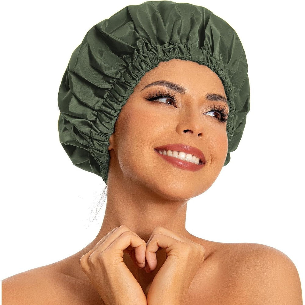Edoneery reusable shower cap in solid green color front view