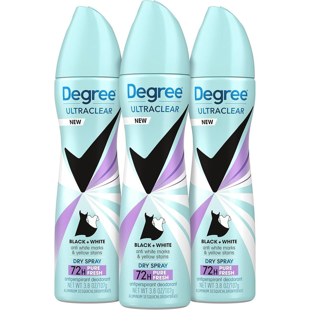 Degree Women UltraClear Black and White Pure Fresh antiperspirant spray front view for long lasting underarm protection.