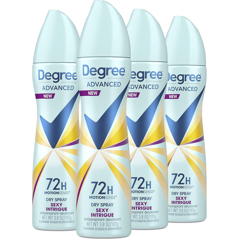 Degree Women Sexy Intrigue Antiperspirant Deodorant Dry Spray front view of 4 pack