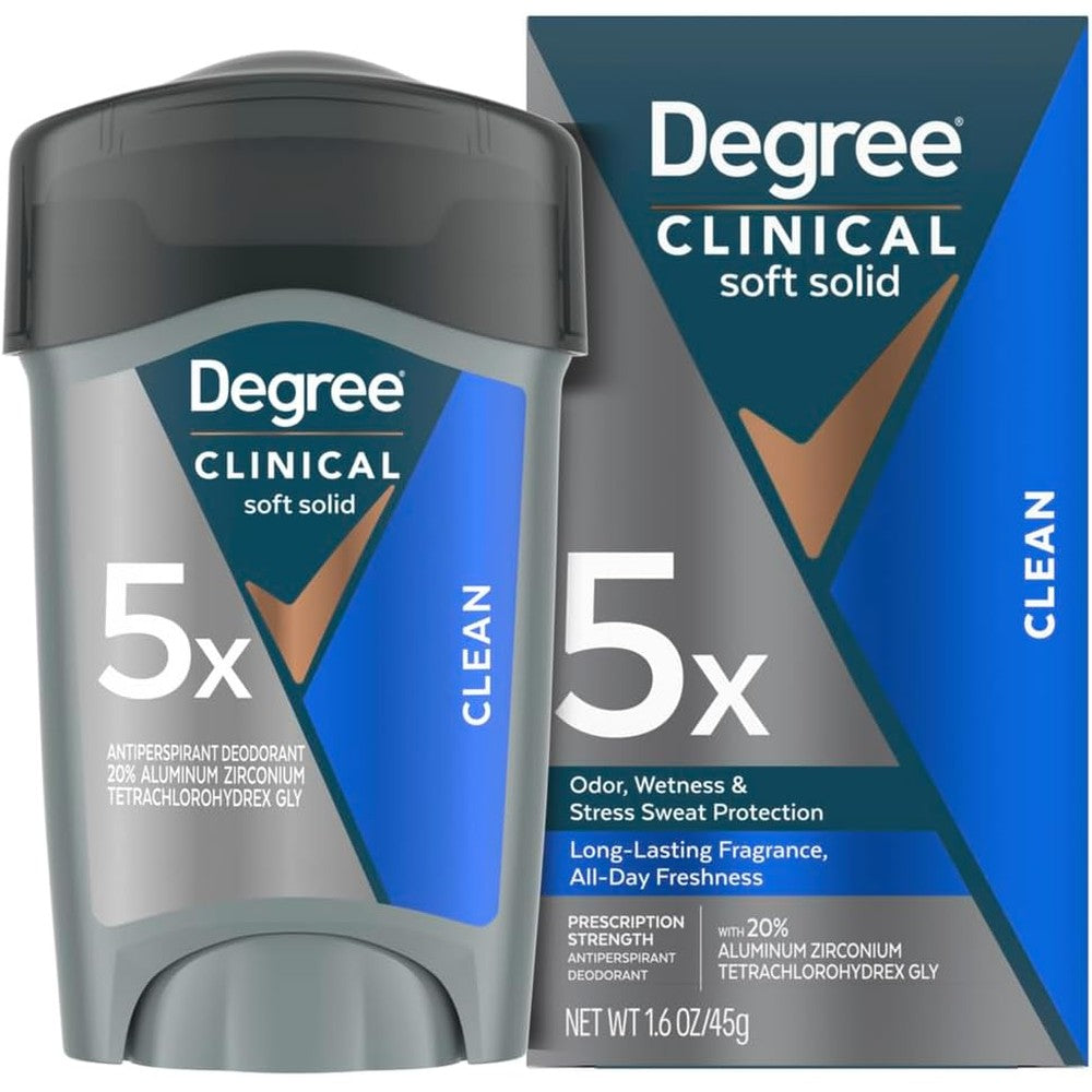 Degree Men Clinical Protection Clean Antiperspirant Deodorant front view packaging for sweat protection