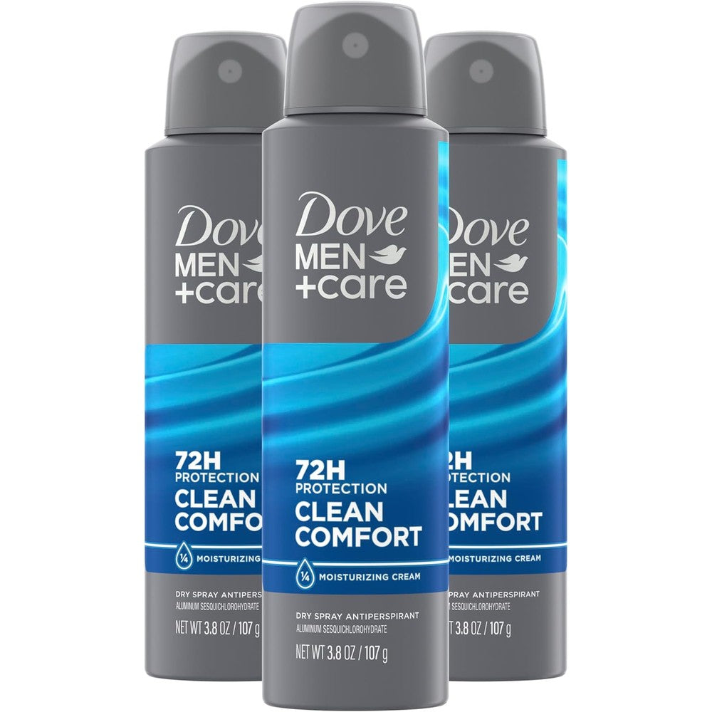 Dove Men Care Antiperspirant Dry Spray Clean Comfort front view pack of three