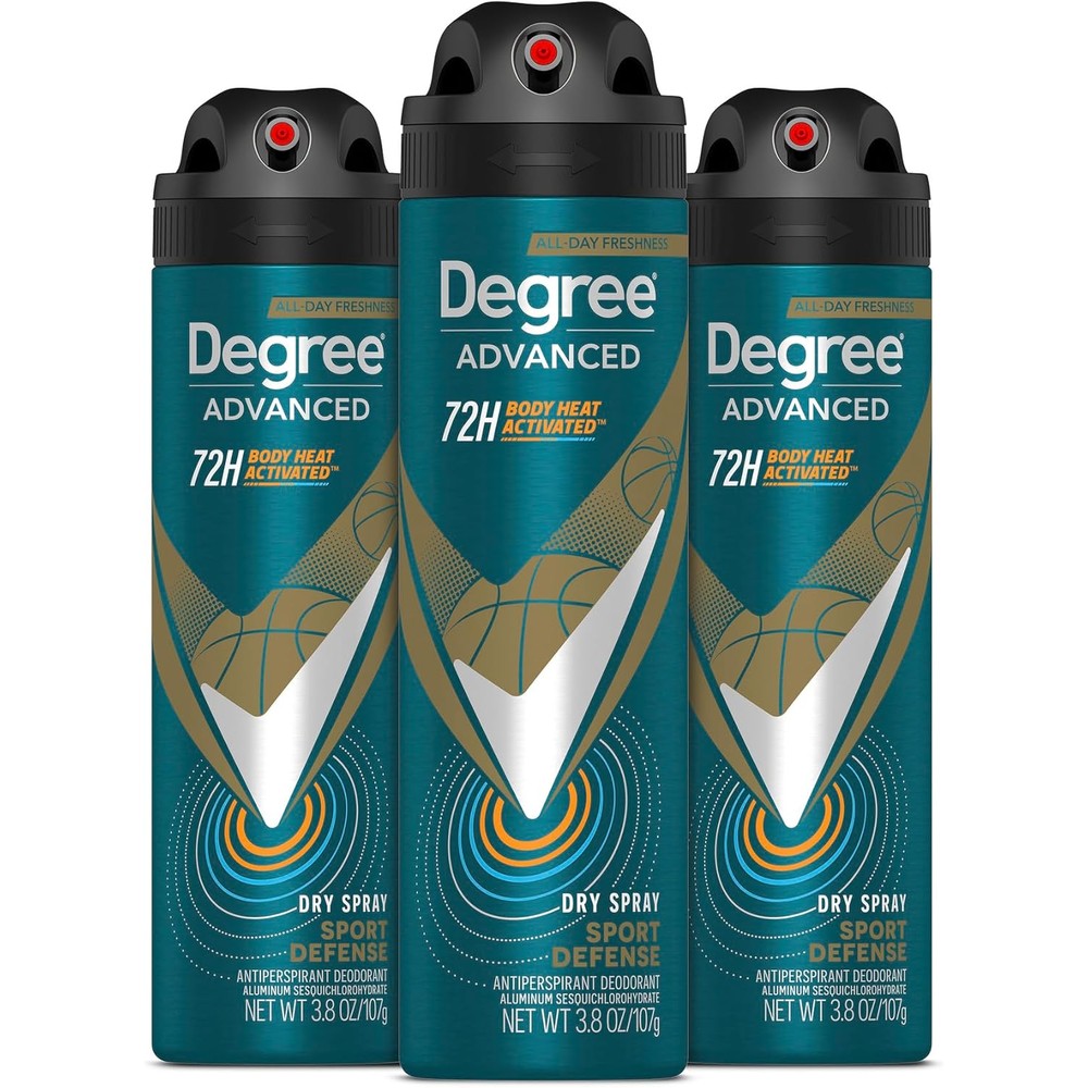 Degree Men Sport Defense Dry Spray Antiperspirant Deodorant three pack front view showcasing seventy-two hour protection packaging.
