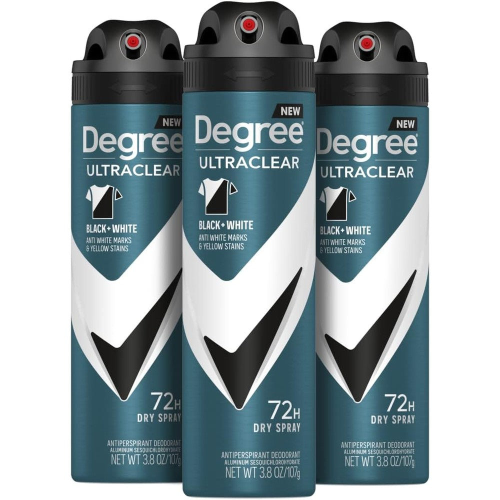 Degree Men UltraClear Black and White antiperspirant dry spray front view showing three pack packaging