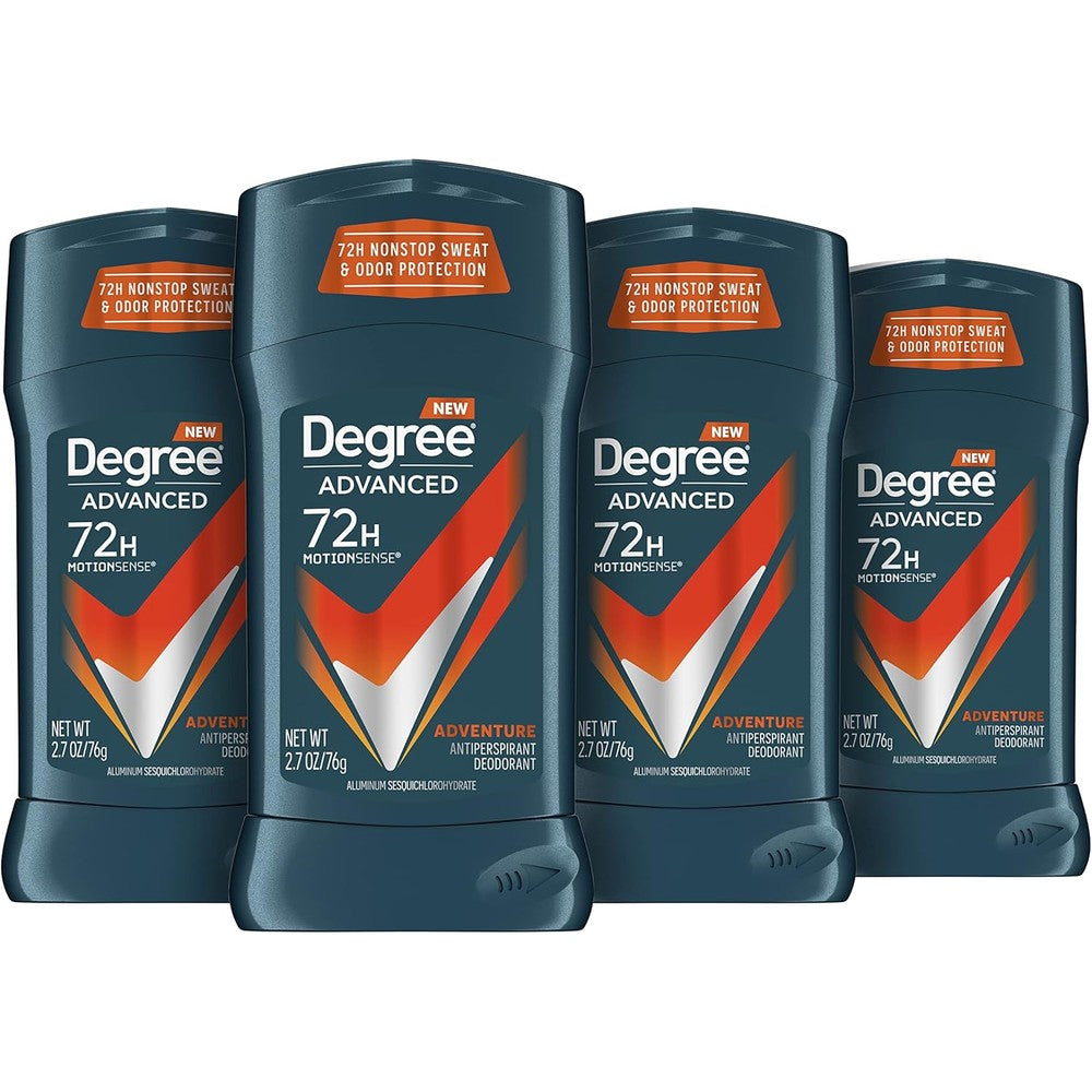 Degree Men Adventure Antiperspirant Deodorant Stick four pack front view showing packaging details.