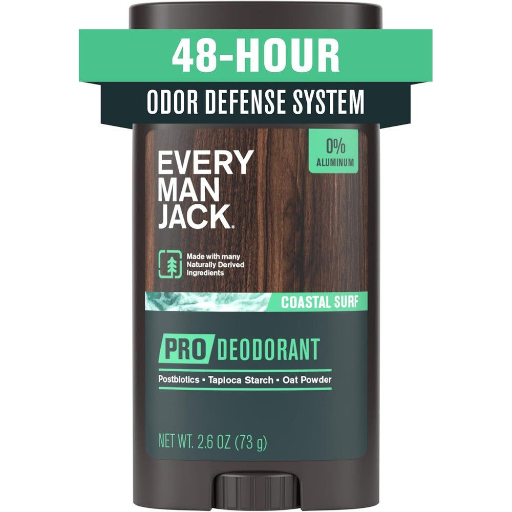 Every Man Jack Pro Deodorant Coastal Surf front view showcasing the aluminum free stick packaging.