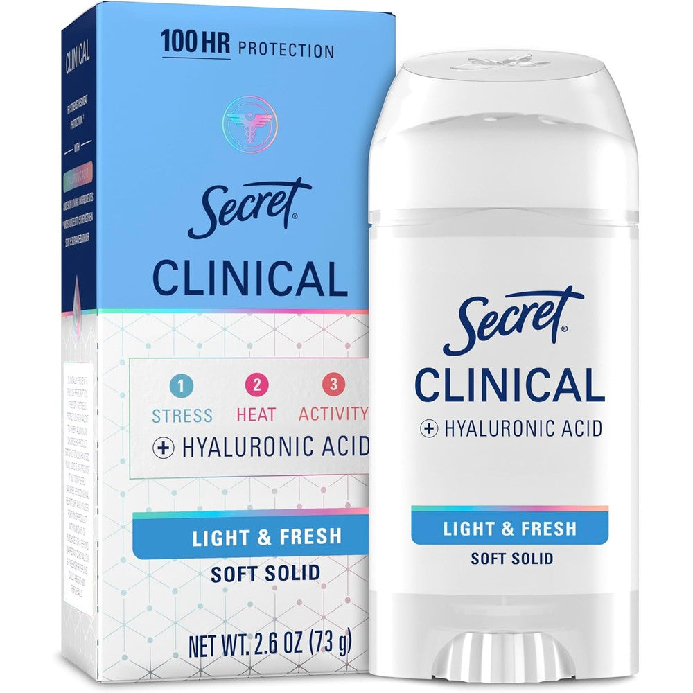 Secret Clinical Strength Soft Solid Antiperspirant Deodorant 2.6 Ounce front view showing 100 hour sweat protection label.