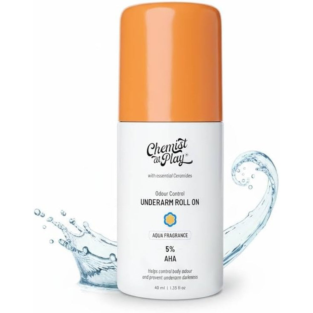 Chemist At Play underarm roll on front view with orange cap packaging for body odour control