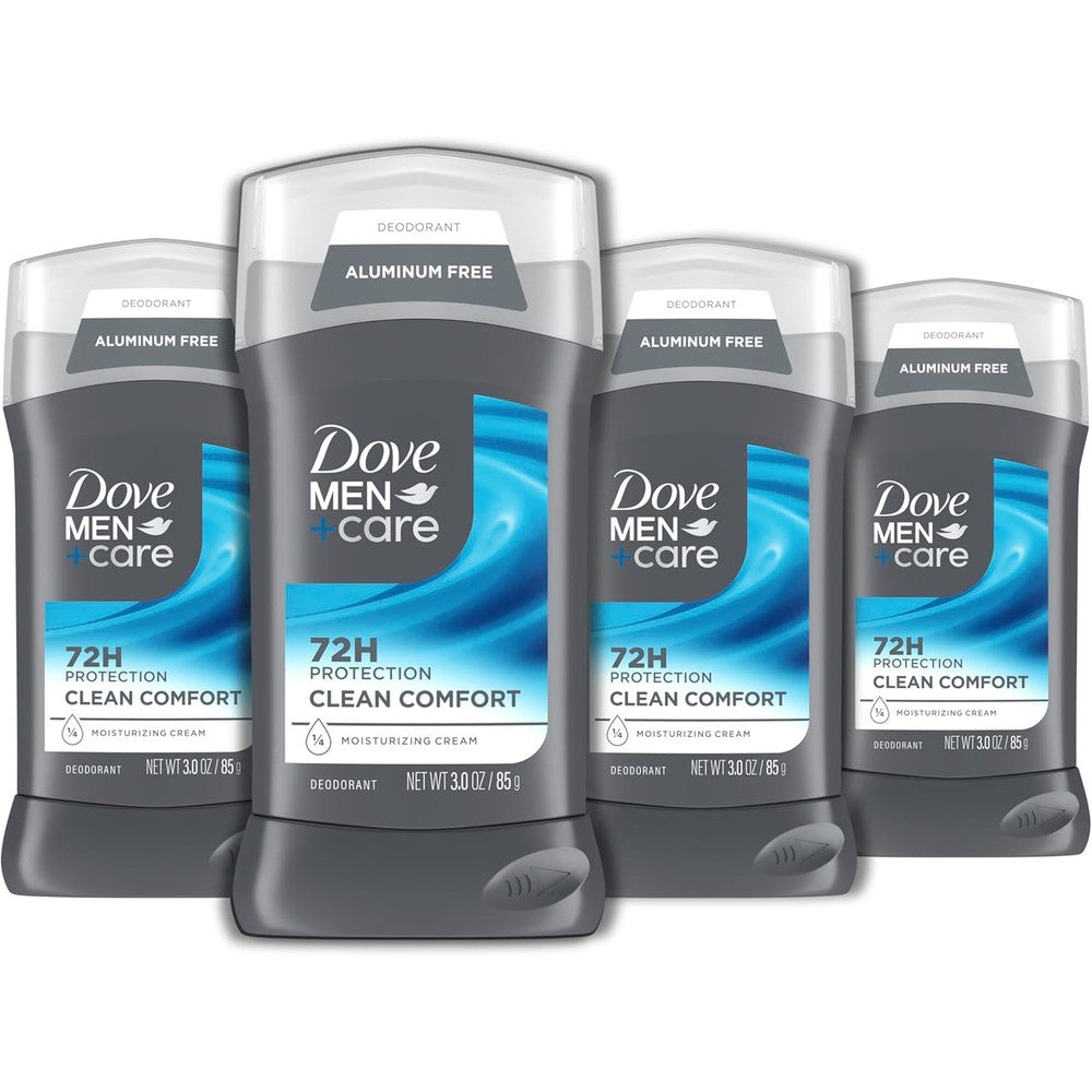 Dove Men Care Clean Comfort Deodorant Stick 4 pack front view showing premium packaging