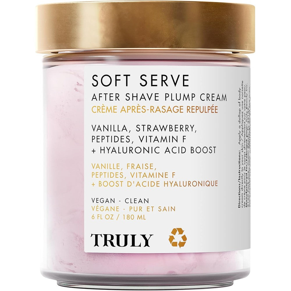 Truly Beauty Soft Serve After Shave Plump Cream front view of the container showing product label