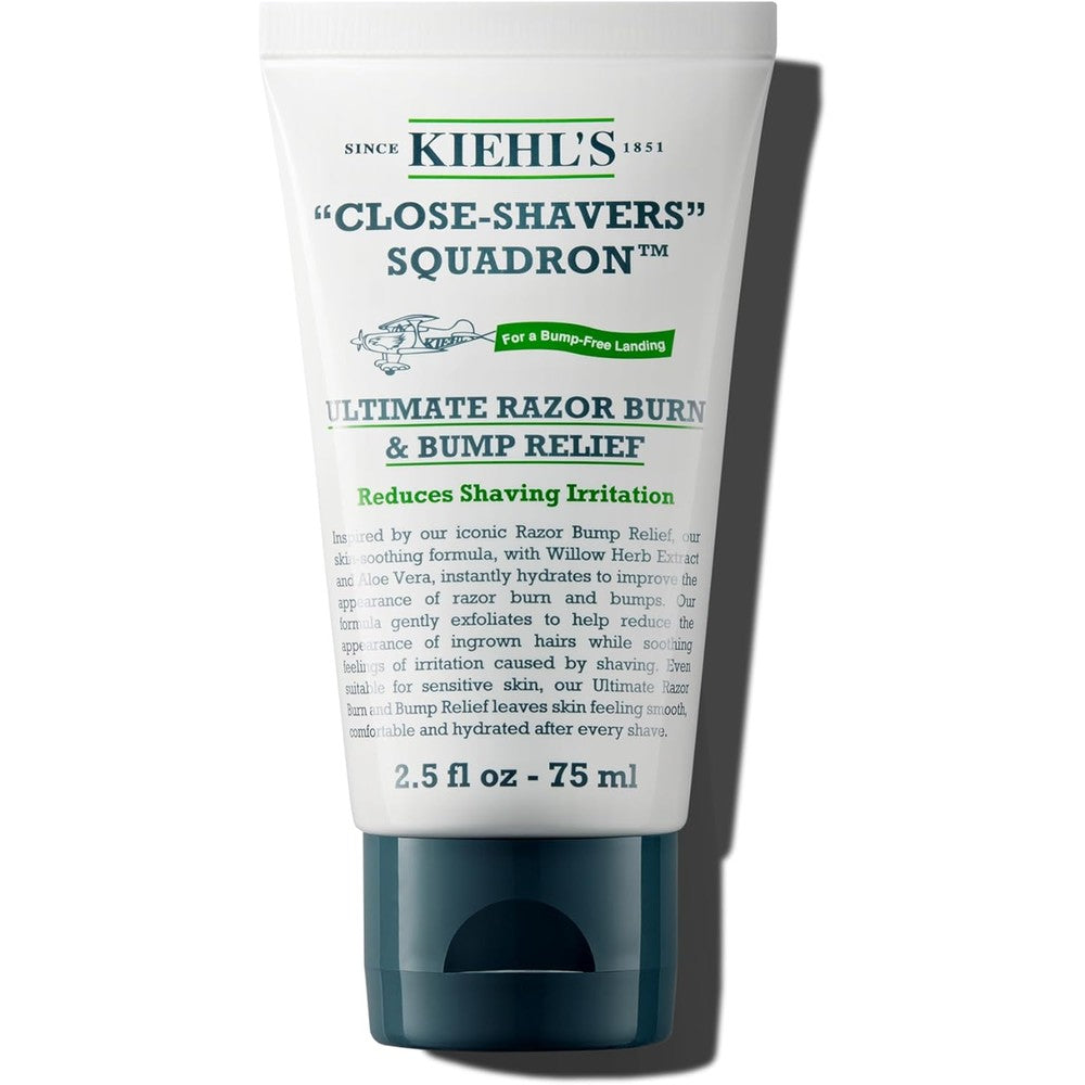 Kiehl's Ultimate Razor Burn And Bump Relief cream 75ml tube front view showing premium packaging.