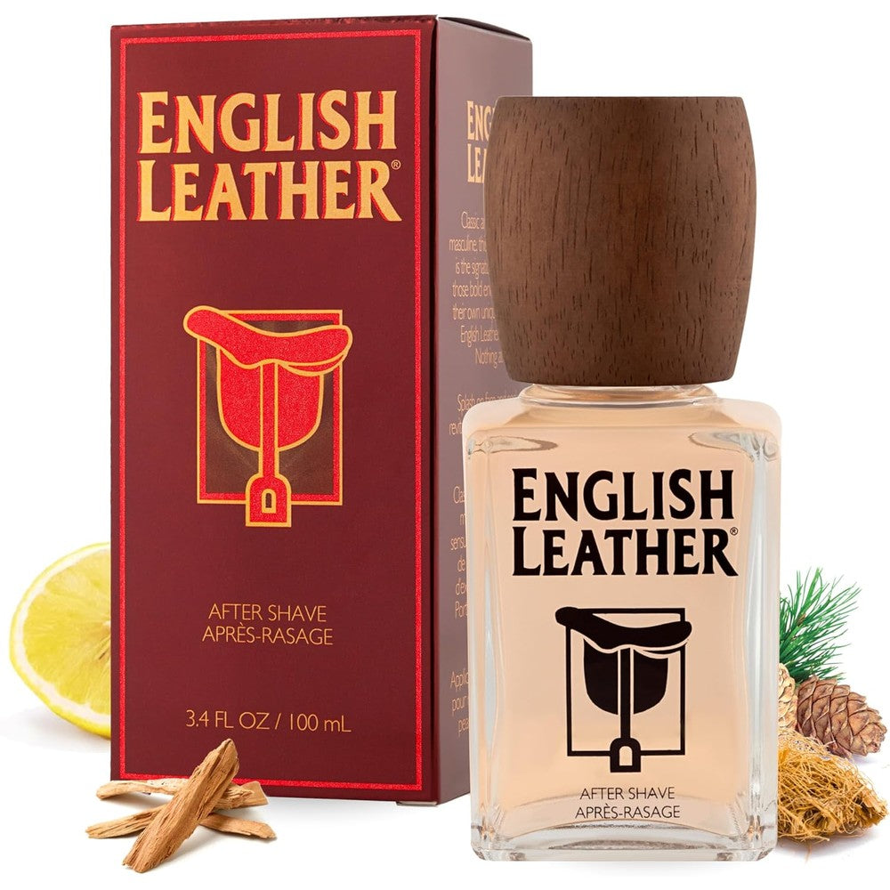 Dana English Leather Aftershave for men 3.4 Ounce bottle front view showing classic glass packaging.