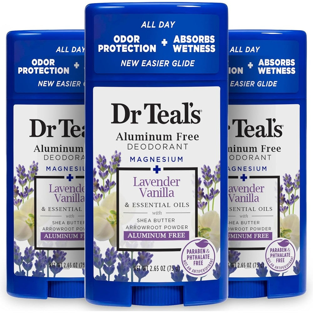Dr Teal's Aluminum Free Deodorant Lavender Vanilla front view of three pack packaging