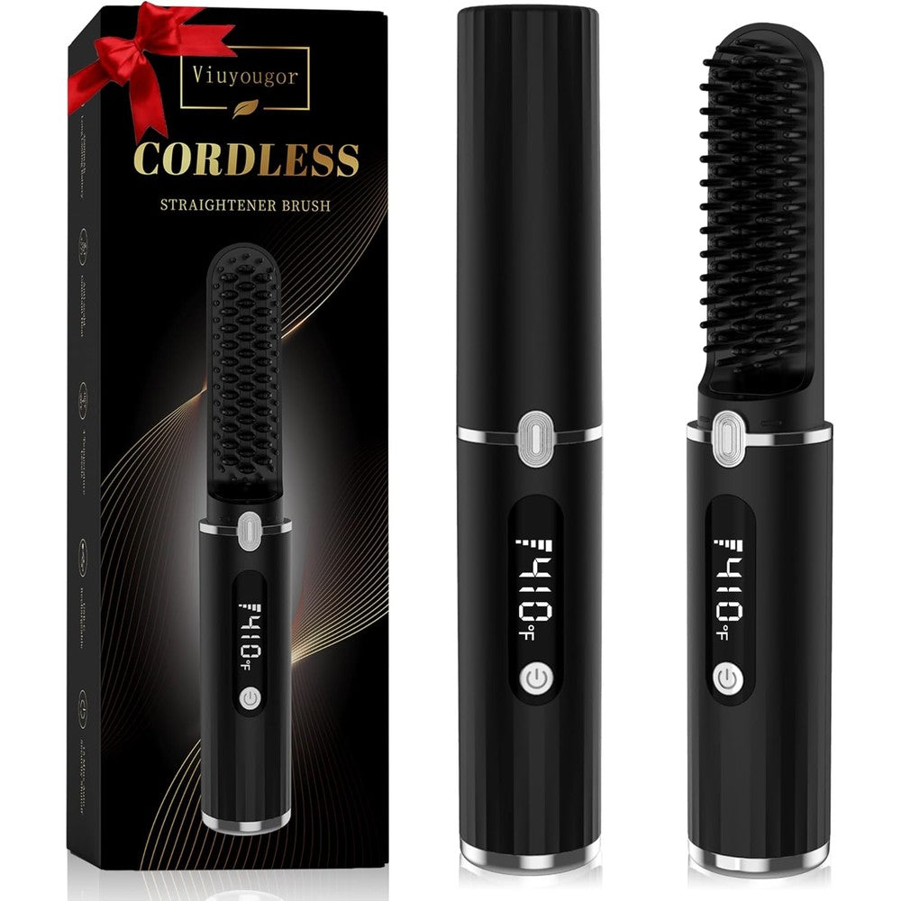 Viuyougor cordless beard straightener front view showcasing digital LCD screen