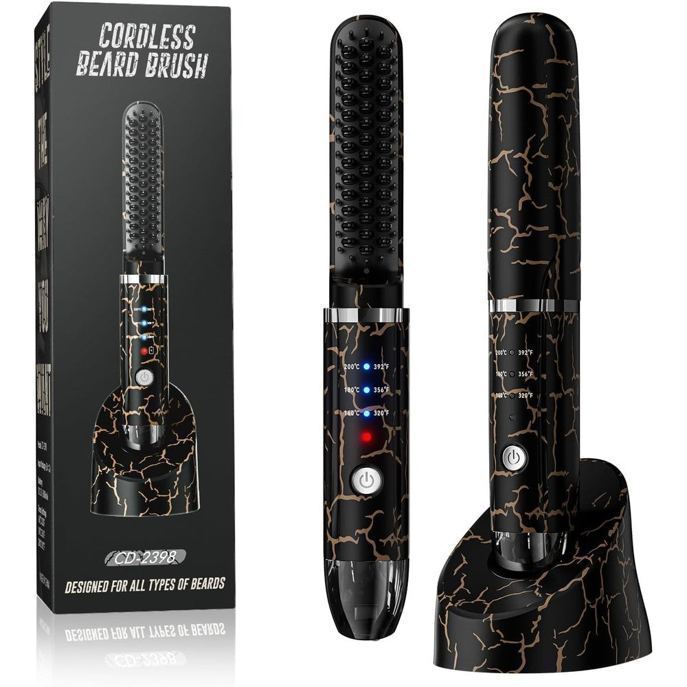 AKJ cordless beard straightener front view showing black and gold marble pattern design
