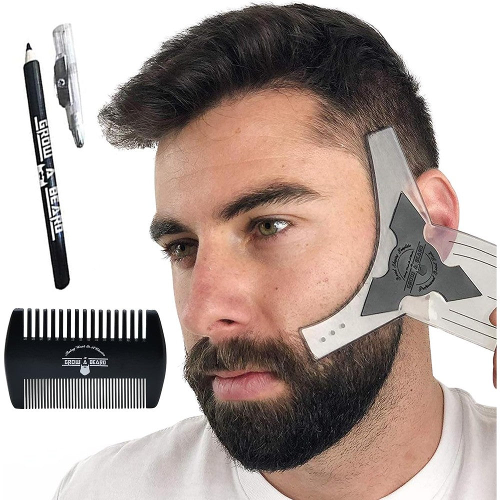 Grow Alpha Beard Shaper kit front view showing stainless steel template and pencil