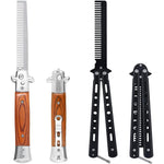 Canumer automatic switch folding practice combs front view showing wood grain pattern