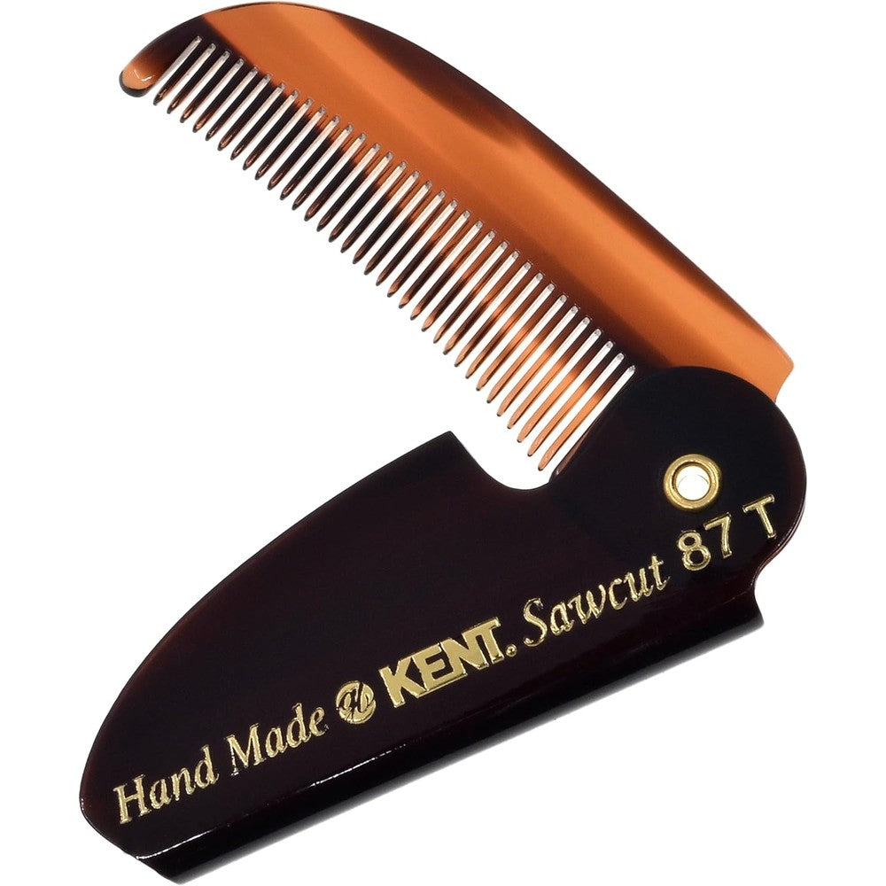 Kent 87T Handmade Folding Pocket Comb front view showcasing the classic tortoiseshell finish.