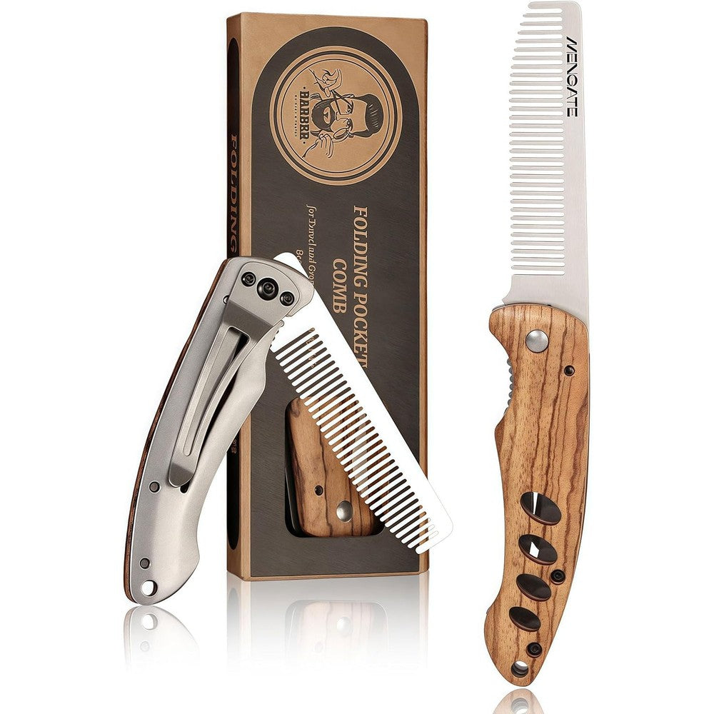 MenGate small folding pocket beard comb front view showing stainless steel teeth and zebrawood handle.