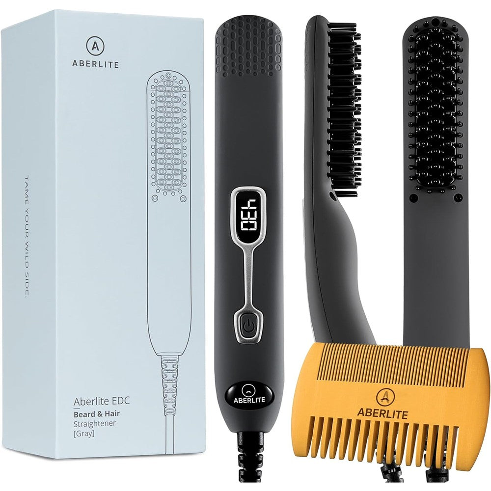 Aberlite EDC Premium Beard Straightener Brush front view showing gray design and dense heated bristles.