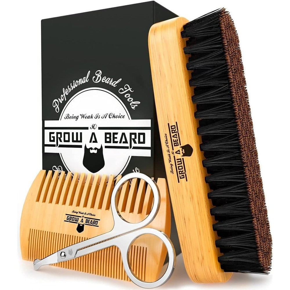 Grow Alpha Beard grooming kit front view showing bamboo wood brush and comb set