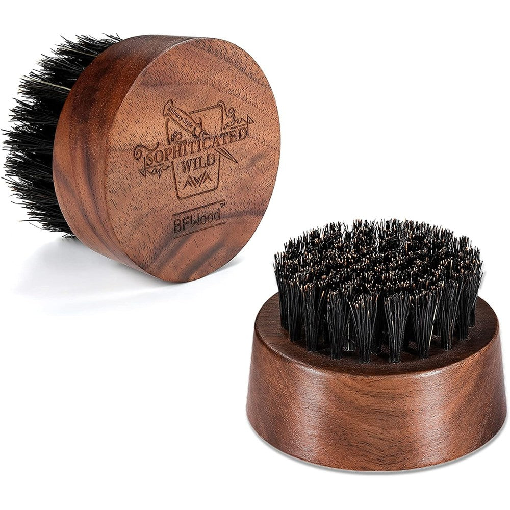 BFWood Beard Brush for Men premium front view showing natural boar bristles and round black walnut wood handle