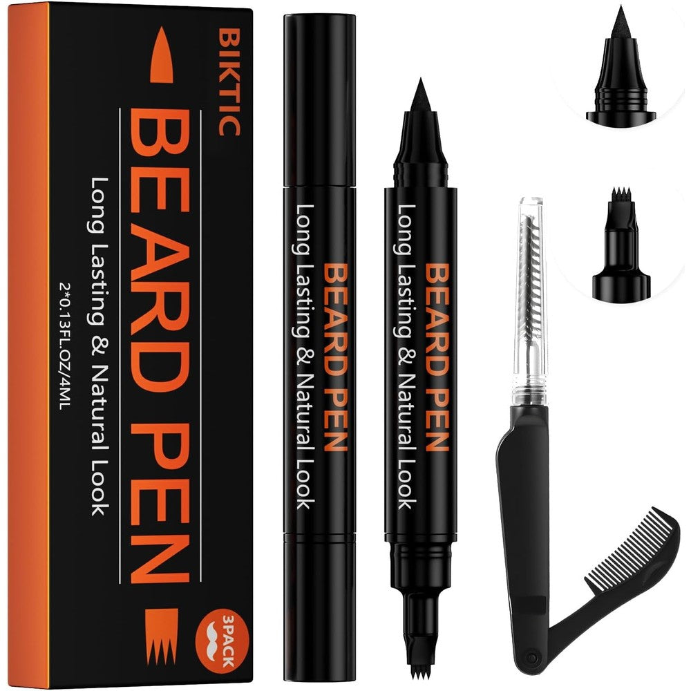 BIKTIC 3-Pack Beard Pen Filler Kit front packaging view showcasing the black dual-ended grooming pens and double-headed brush.