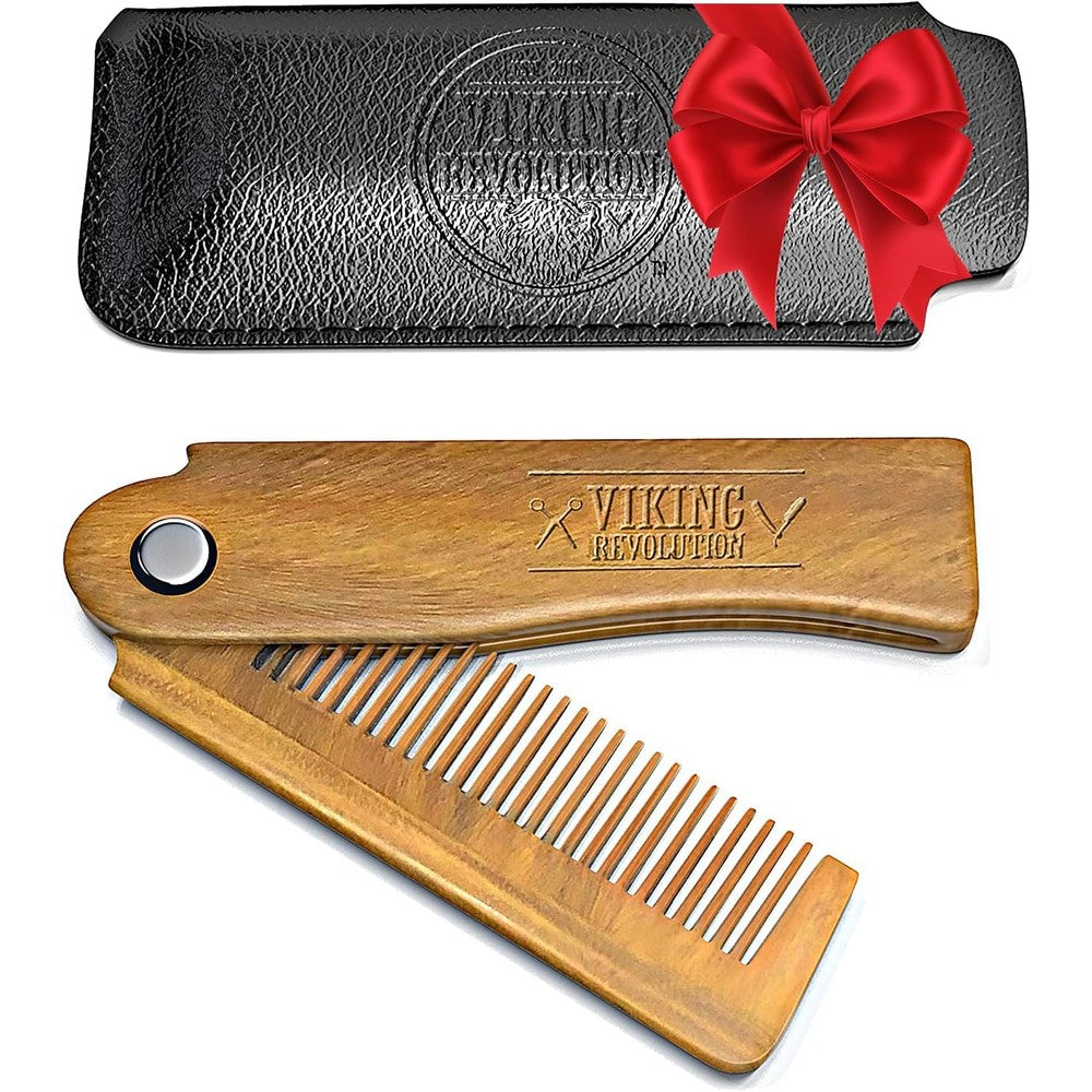 Viking Revolution folding wooden beard comb front view with leather pouch and gift box