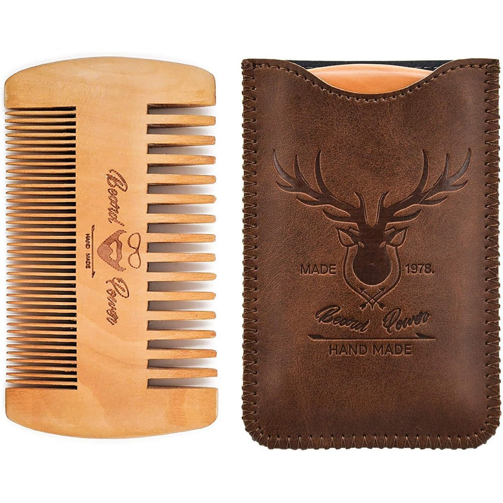 Menesia wooden beard comb front view displaying dual fine and coarse teeth