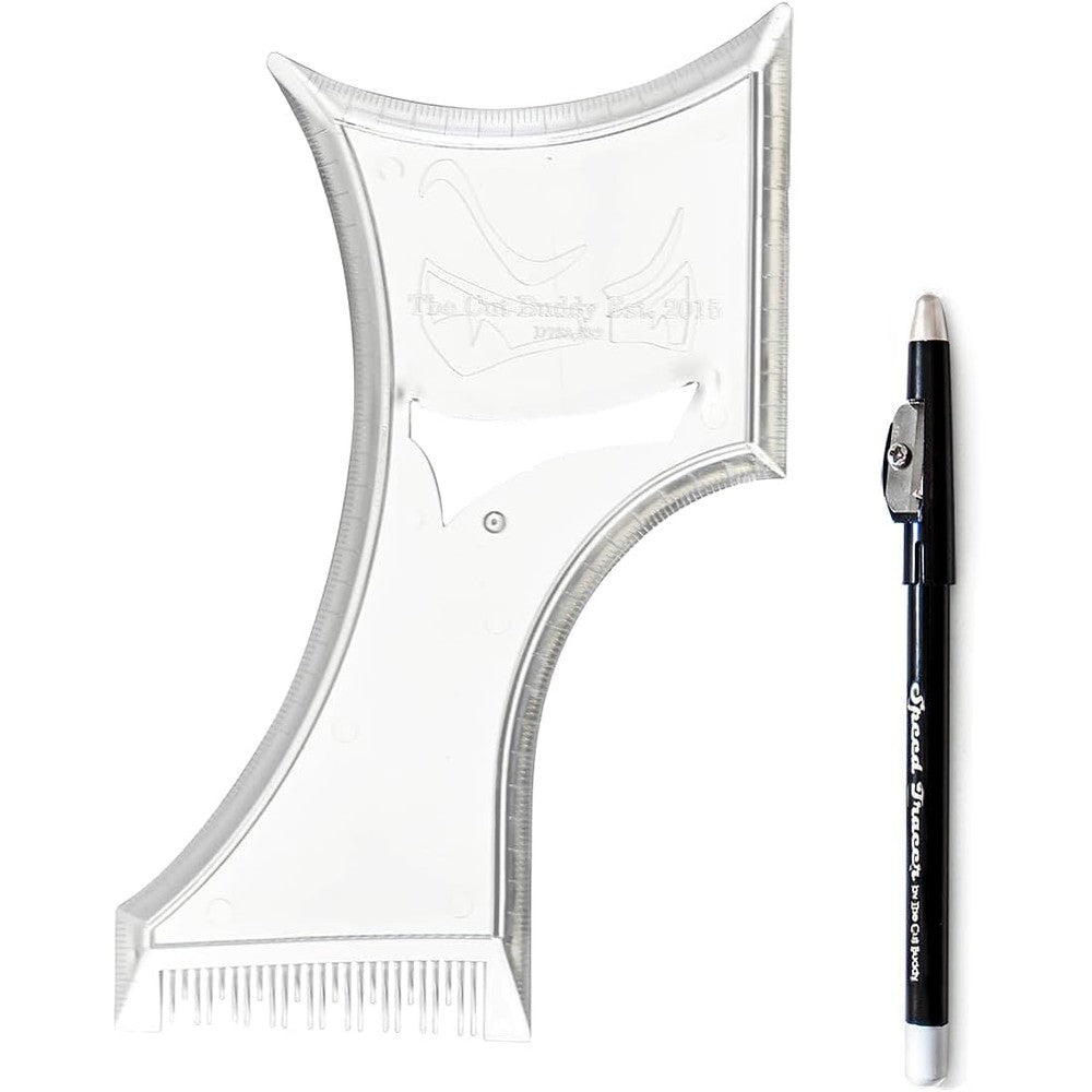 The Cut Buddy PLUS Beard Shaping Tool clear template front view showcasing the integrated comb.