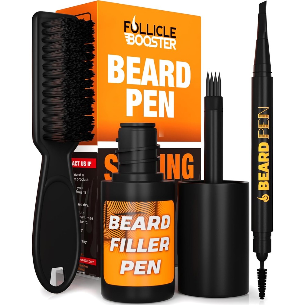 Follicle Booster Beard Pen Filler Styling Kit front view of black grooming box and applicator tools